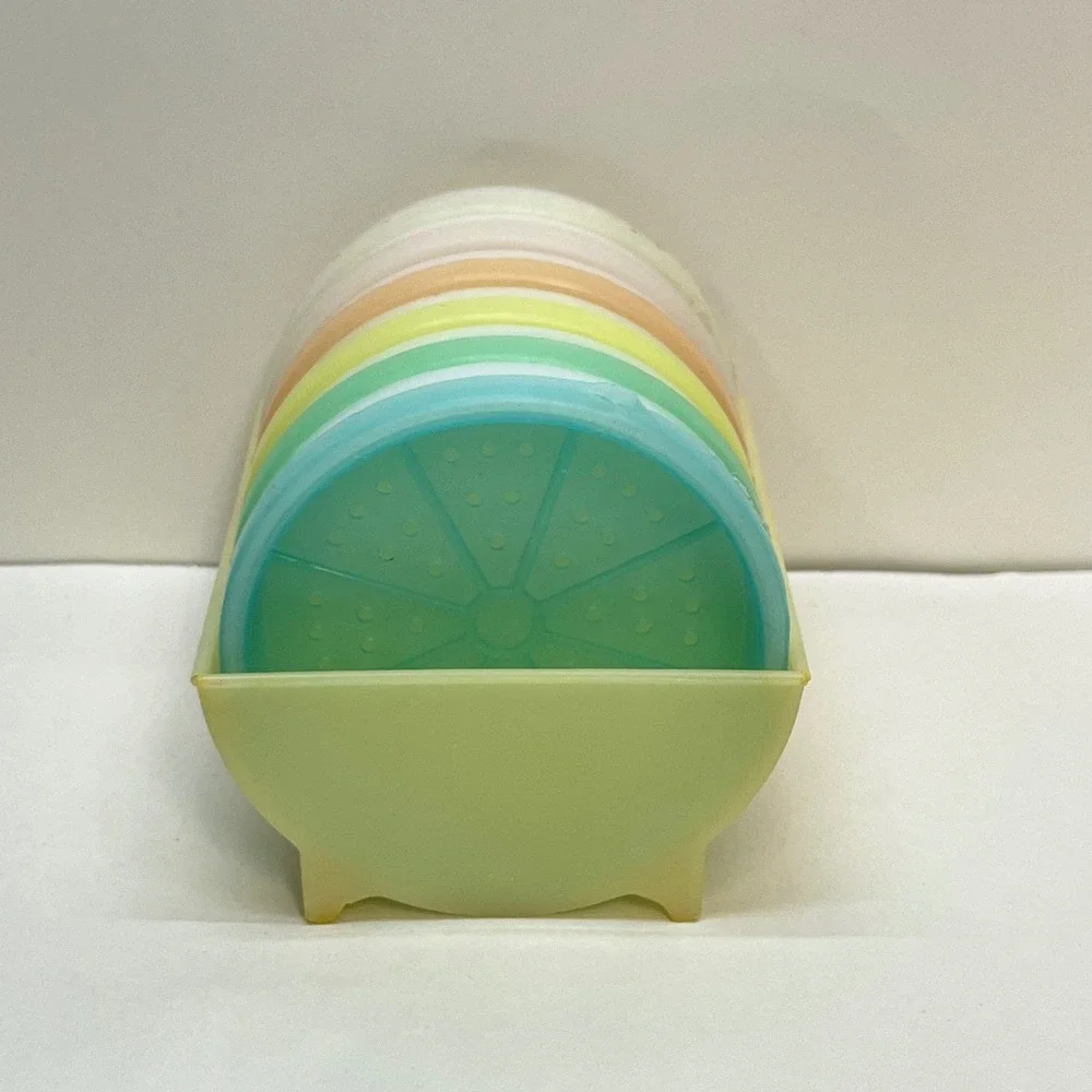 Vintage‎ Tupperware Wagon Wheel Coaster Set of 8 Pastel Colors with Caddy 567-13